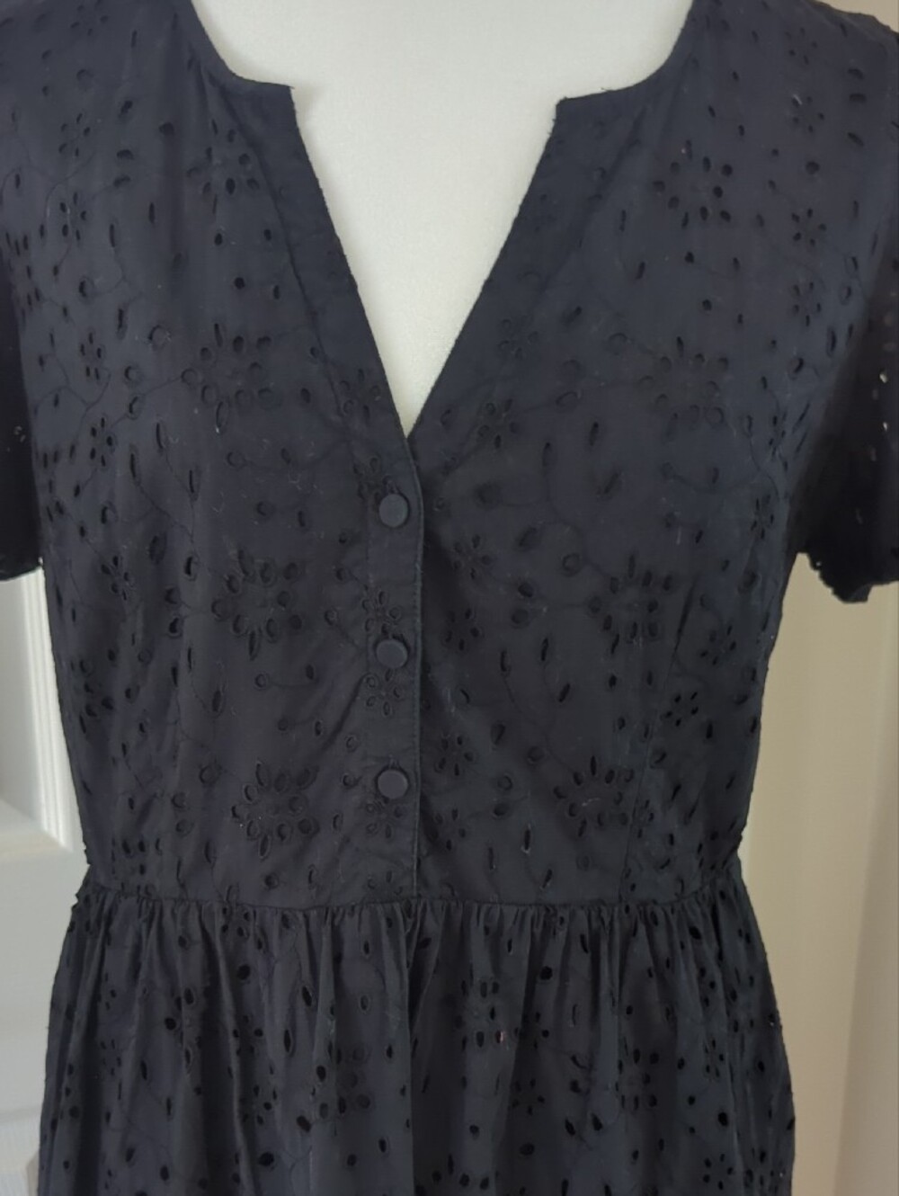 J. Crew Black Eyelet Midi Dress with Puff Sleeves and V-Notch - Picture 7 of 8